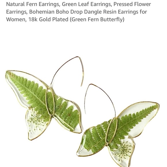 Bohemian Green Fern Butterfly Earrings Gold - Picture 2 of 7